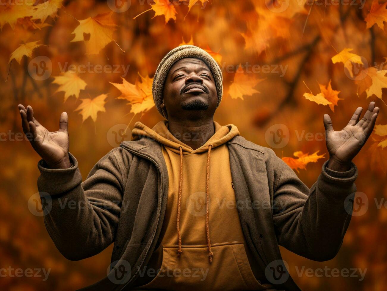 African man in emotional dynamic pose on autumn background AI Generative photo