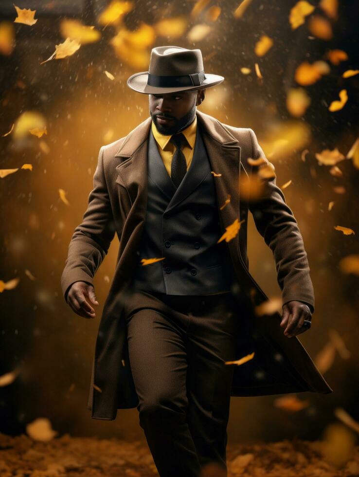 African man in emotional dynamic pose on autumn background AI Generative photo