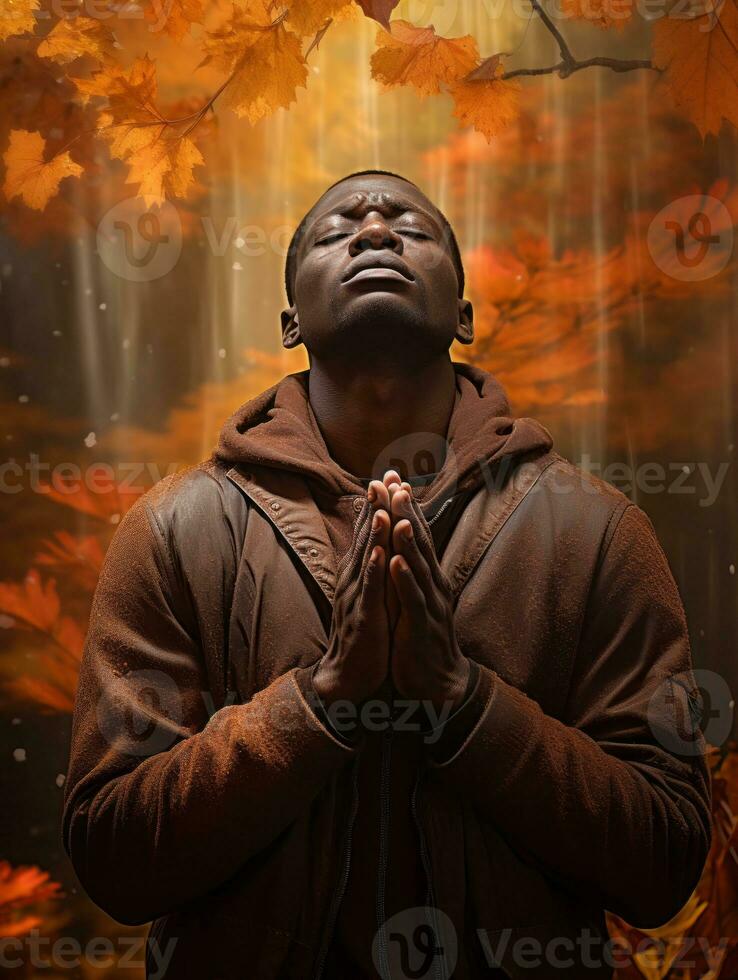 African man in emotional dynamic pose on autumn background AI Generative photo