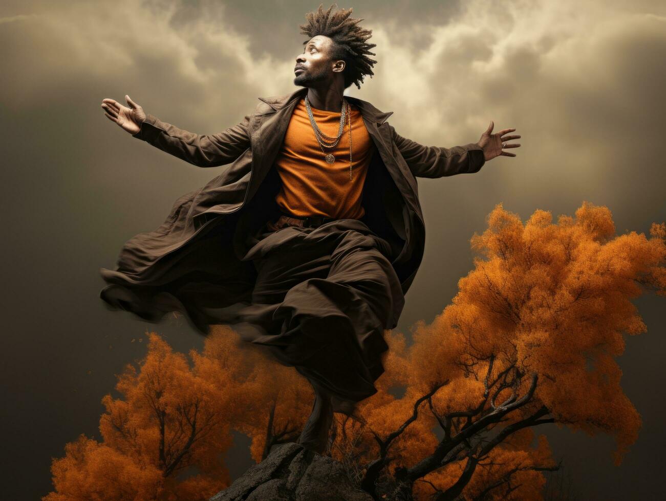 African man in emotional dynamic pose on autumn background AI Generative photo