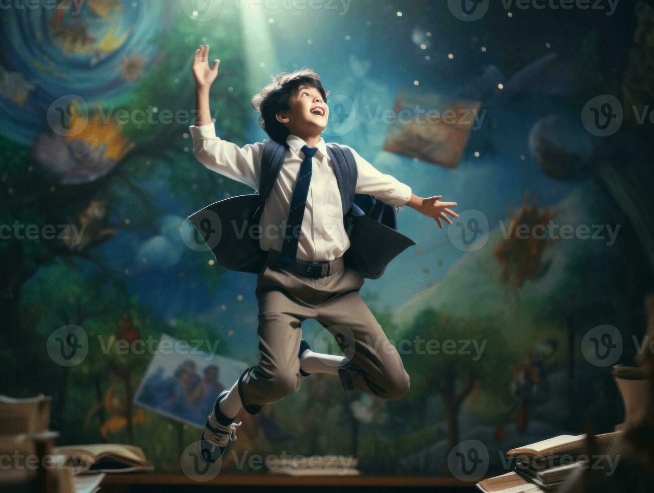 Asian kid in emotional dynamic pose in school AI Generative photo