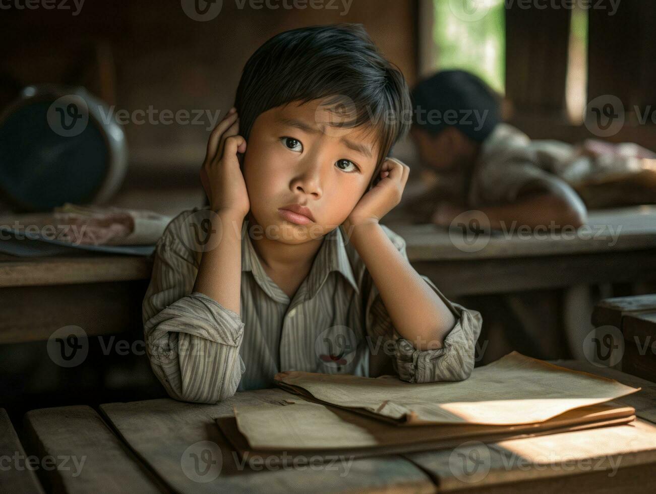 Asian kid in emotional dynamic pose in school AI Generative photo