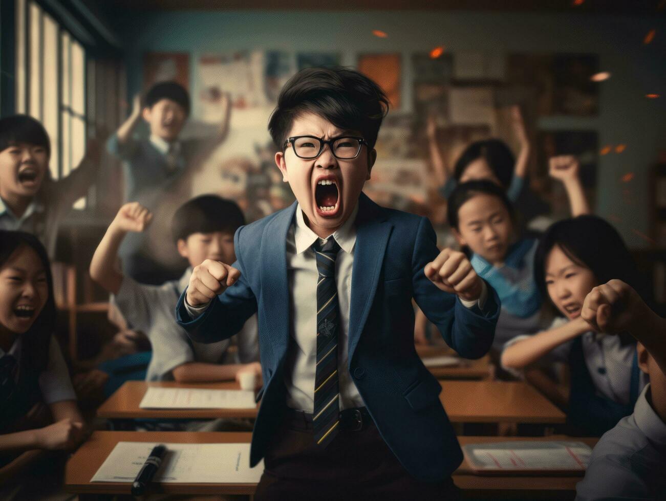 Asian kid in emotional dynamic pose in school AI Generative photo