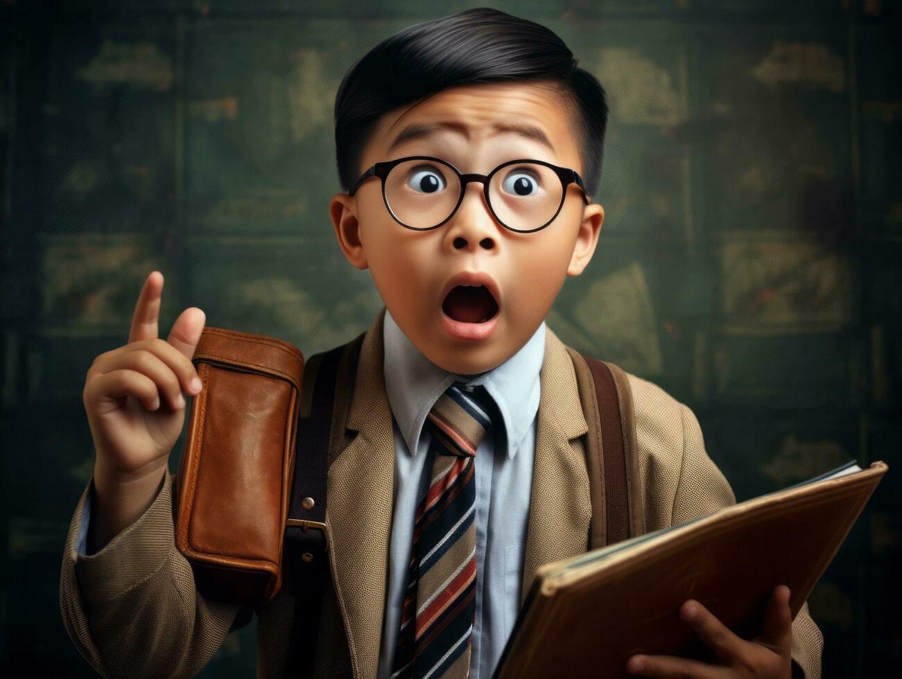 Asian kid in emotional dynamic pose in school AI Generative photo