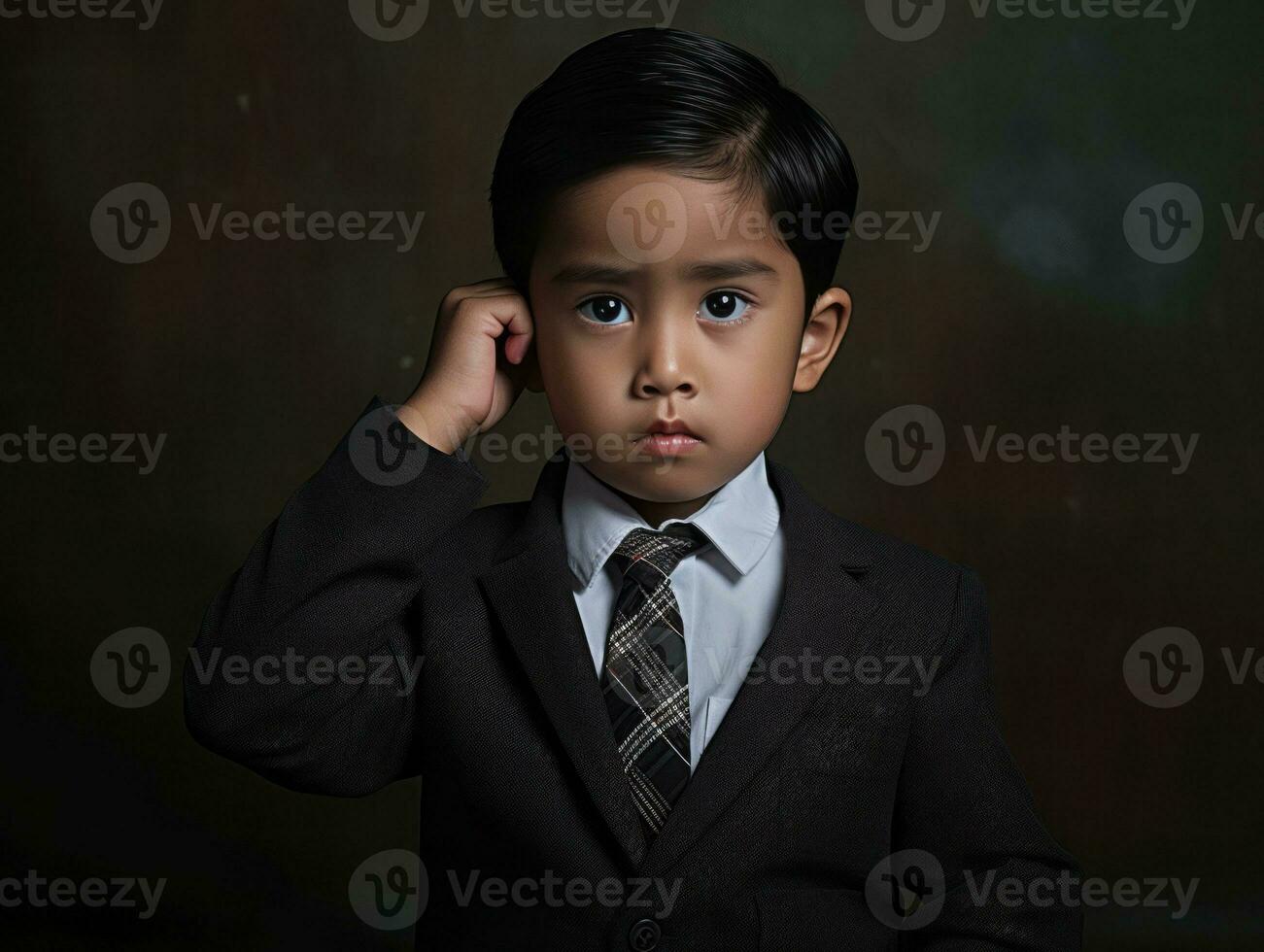 Asian kid in emotional dynamic pose in school AI Generative photo