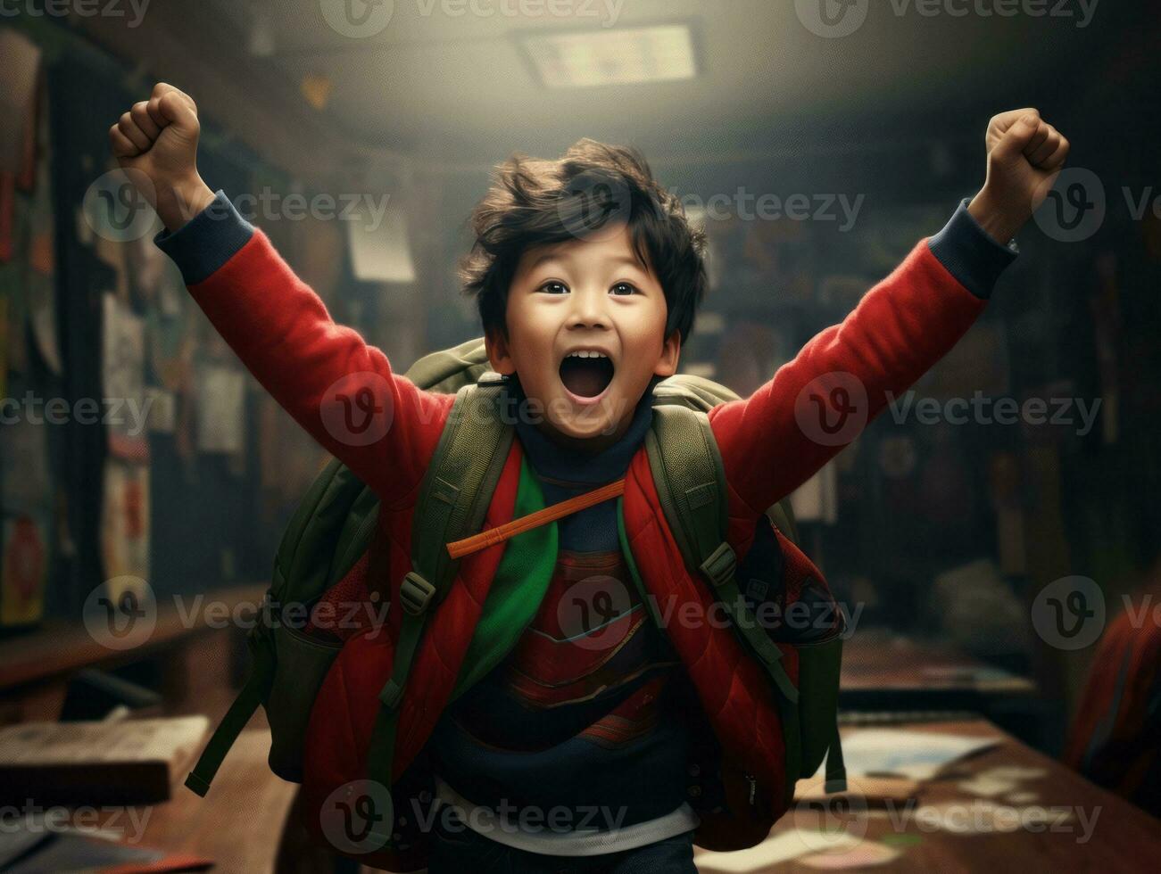 Asian kid in emotional dynamic pose in school AI Generative photo