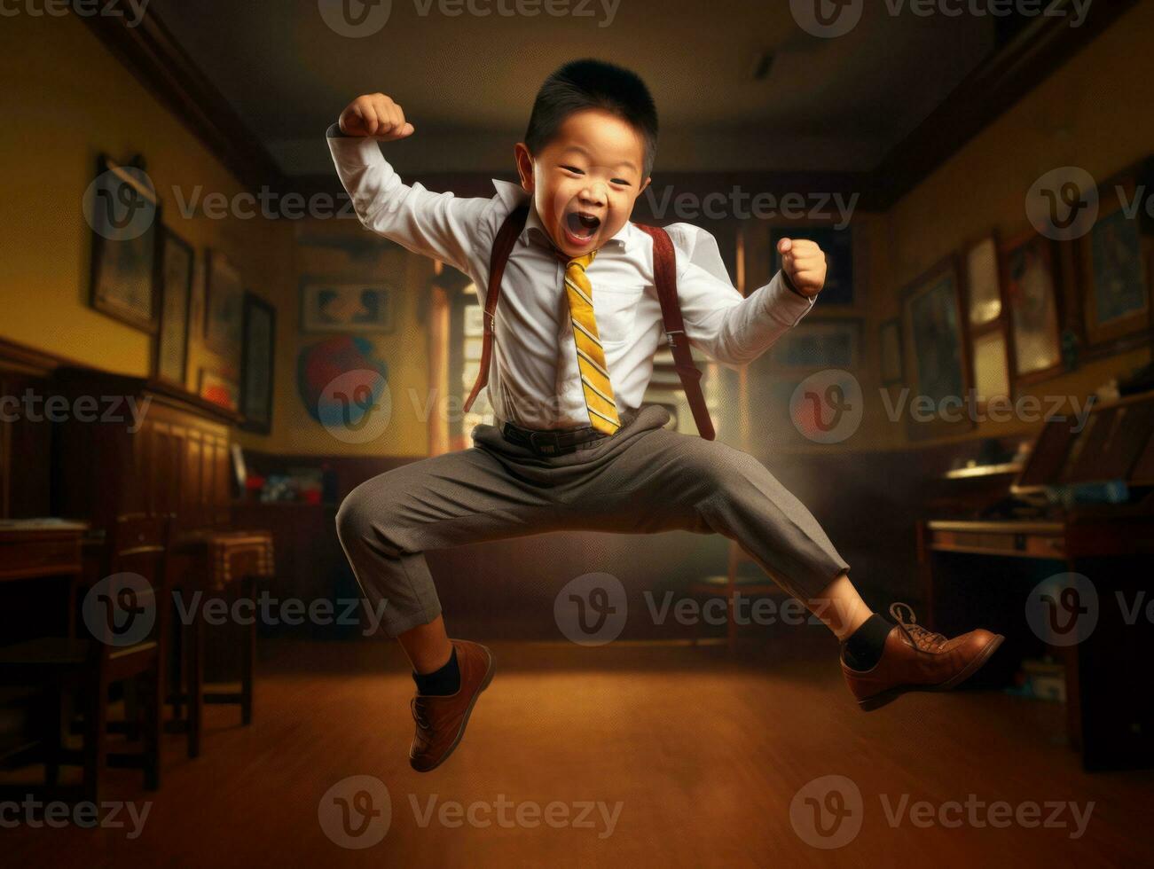Asian kid in emotional dynamic pose in school AI Generative photo