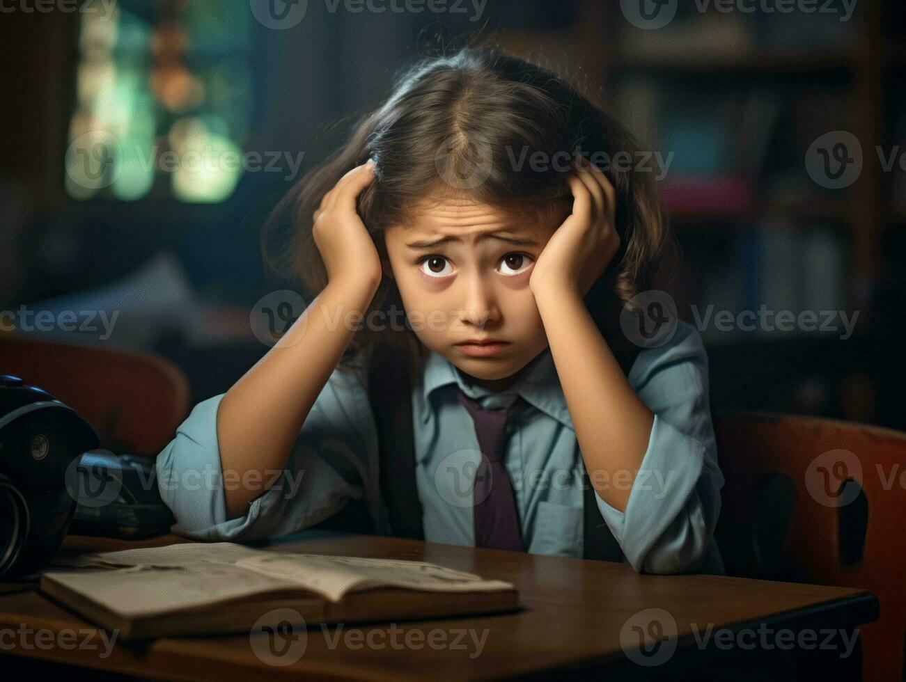 Asian kid in emotional dynamic pose in school AI Generative photo