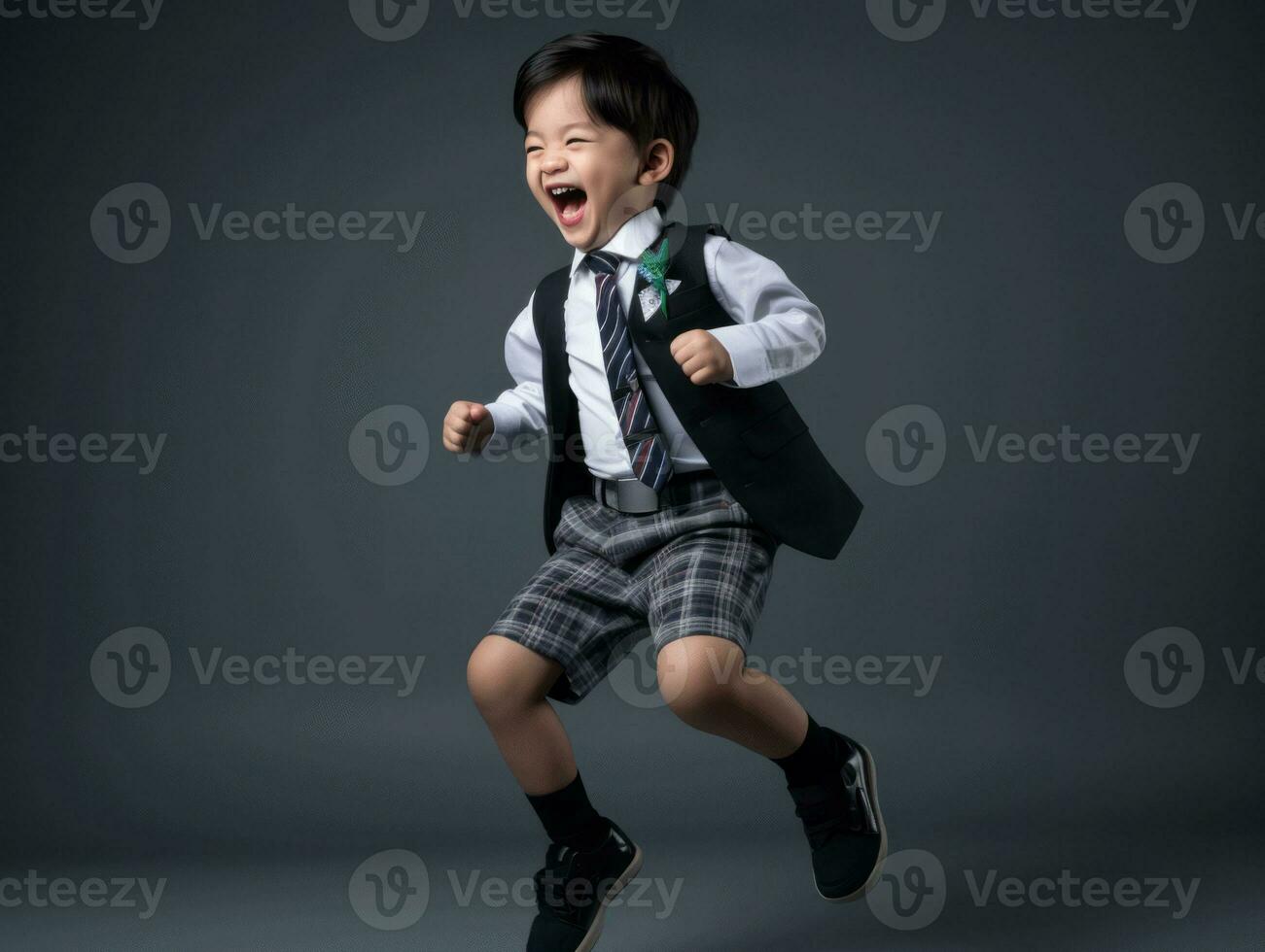 Asian kid in emotional dynamic pose in school AI Generative photo