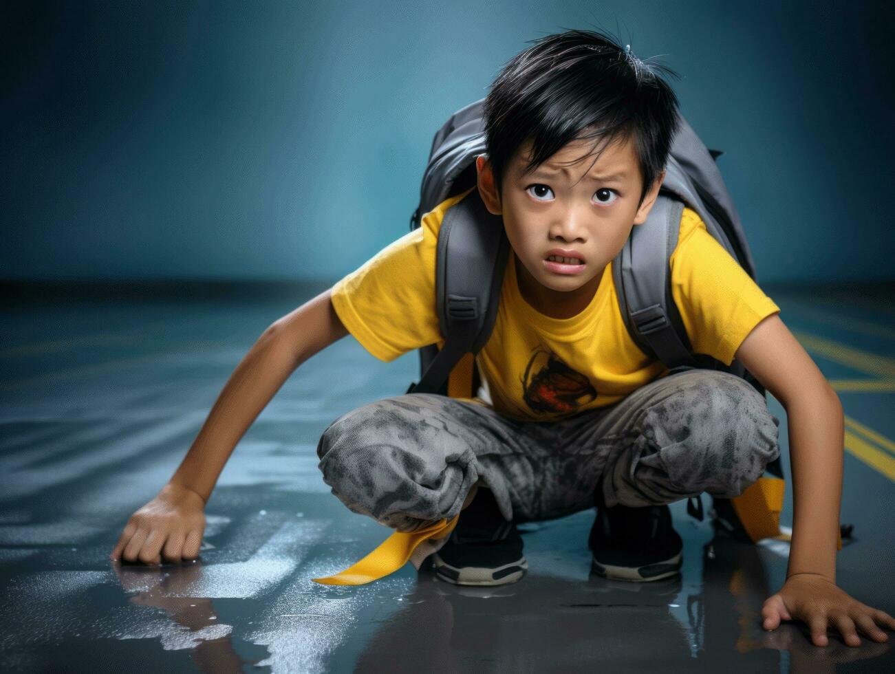 Asian kid in emotional dynamic pose in school AI Generative photo
