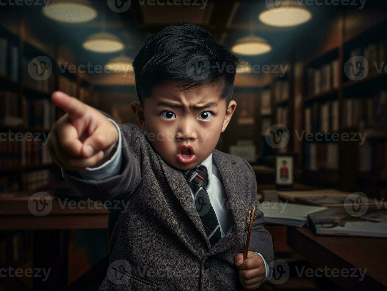 Asian kid in emotional dynamic pose in school AI Generative photo