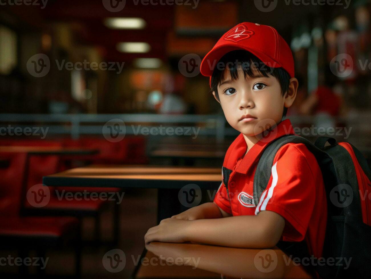 Asian kid in emotional dynamic pose in school AI Generative photo