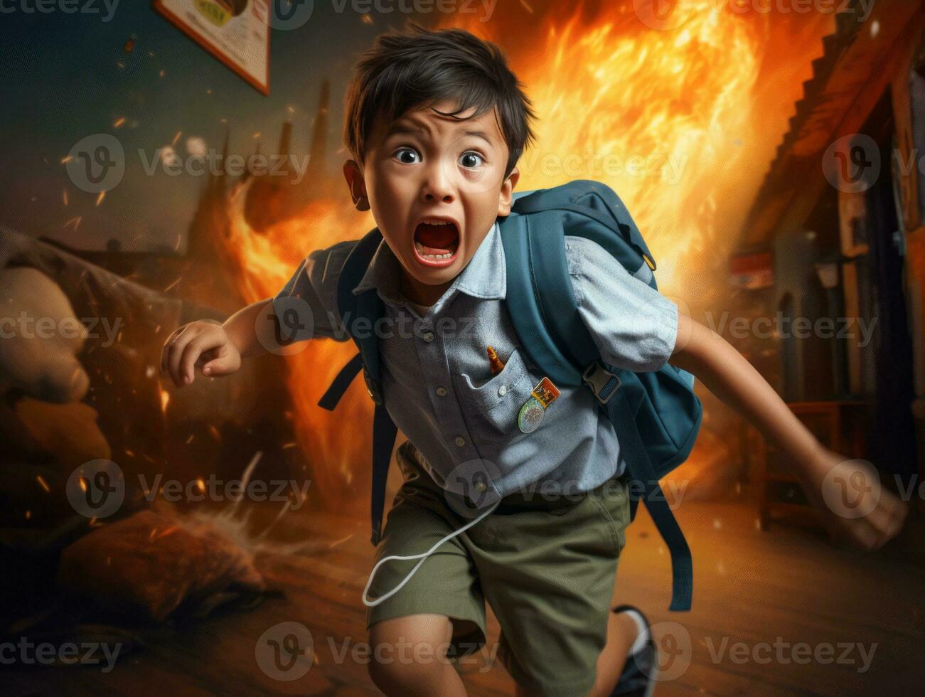 Asian kid in emotional dynamic pose in school AI Generative photo