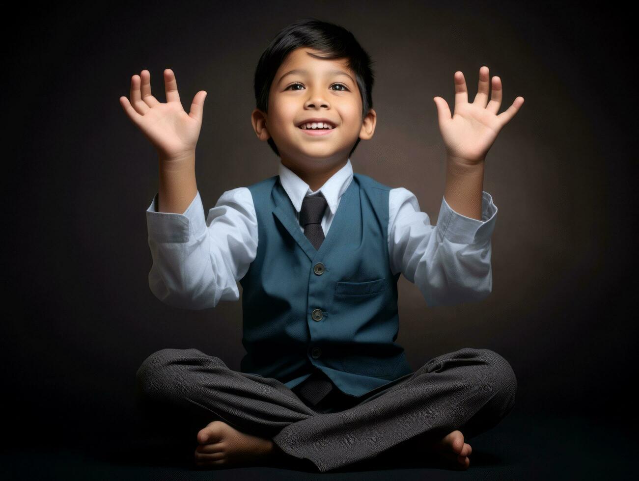 Asian kid in emotional dynamic pose in school AI Generative photo