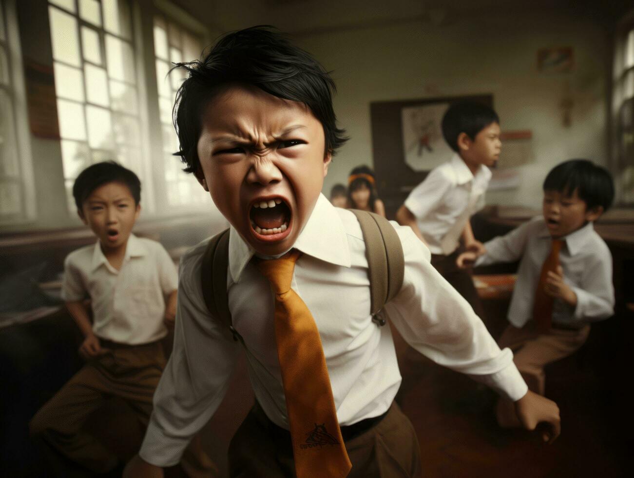 Asian kid in emotional dynamic pose in school AI Generative photo