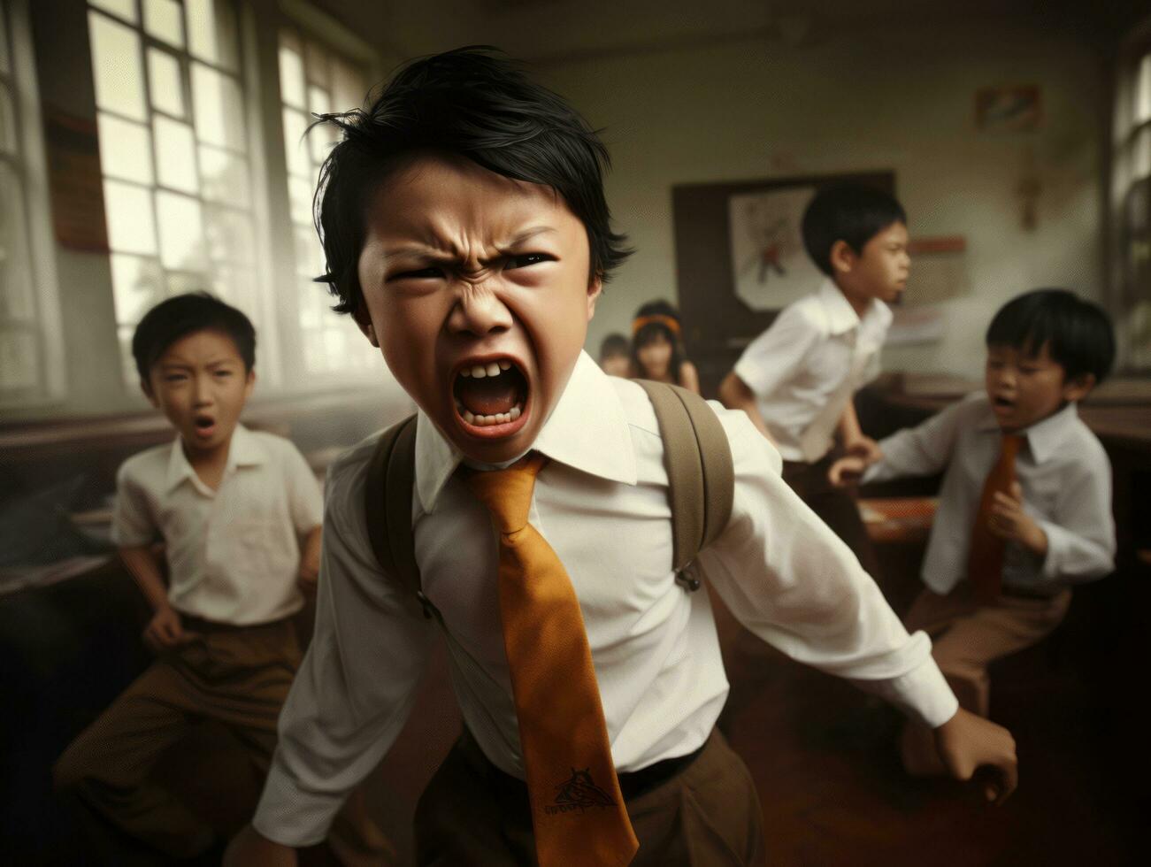 asiático niño en emocional dinámica actitud en colegio ai generativo foto