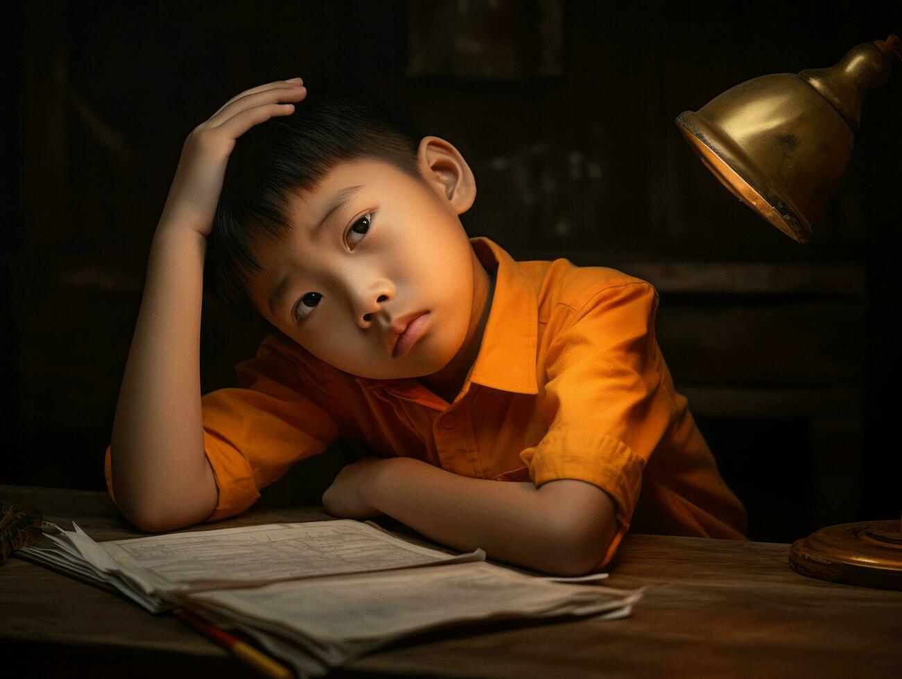 asiático niño en emocional dinámica actitud en colegio ai generativo foto