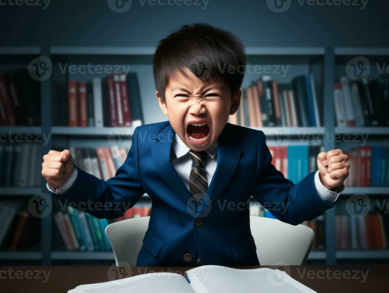 Asian kid in emotional dynamic pose in school AI Generative photo