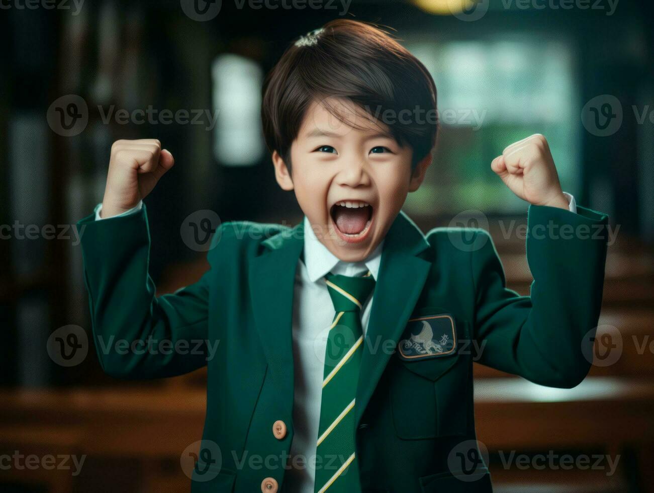 Asian kid in emotional dynamic pose in school AI Generative photo