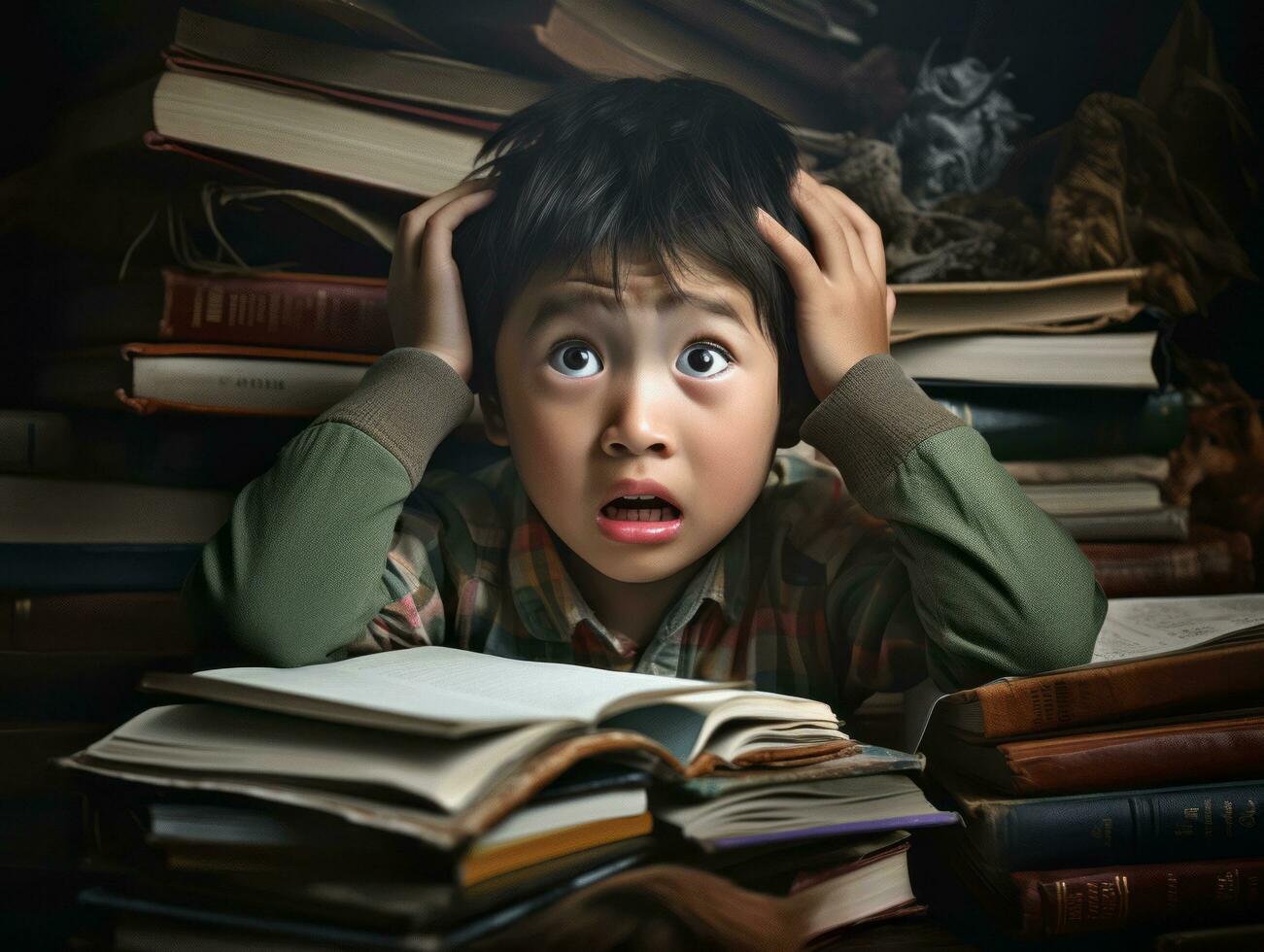 Asian kid in emotional dynamic pose in school AI Generative photo