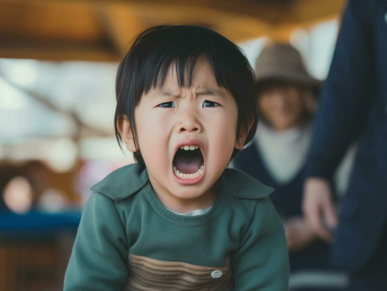 Asian kid in emotional dynamic pose in school AI Generative photo