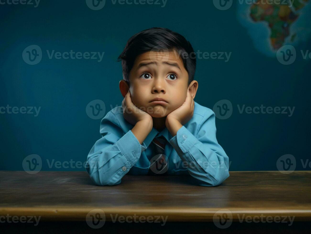 asiático niño en emocional dinámica actitud en colegio ai generativo foto