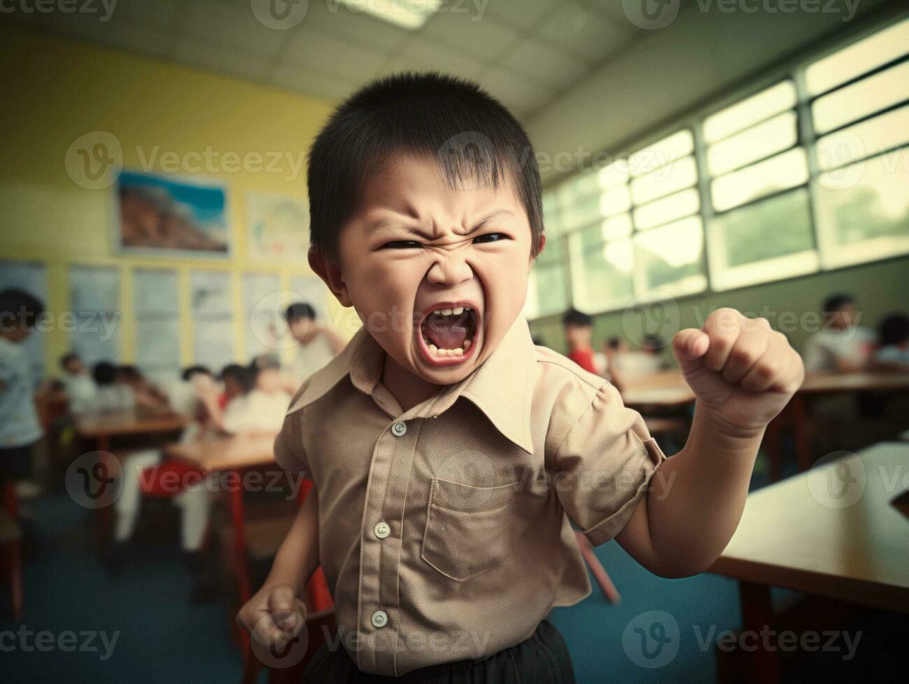 Asian kid in emotional dynamic pose in school AI Generative photo