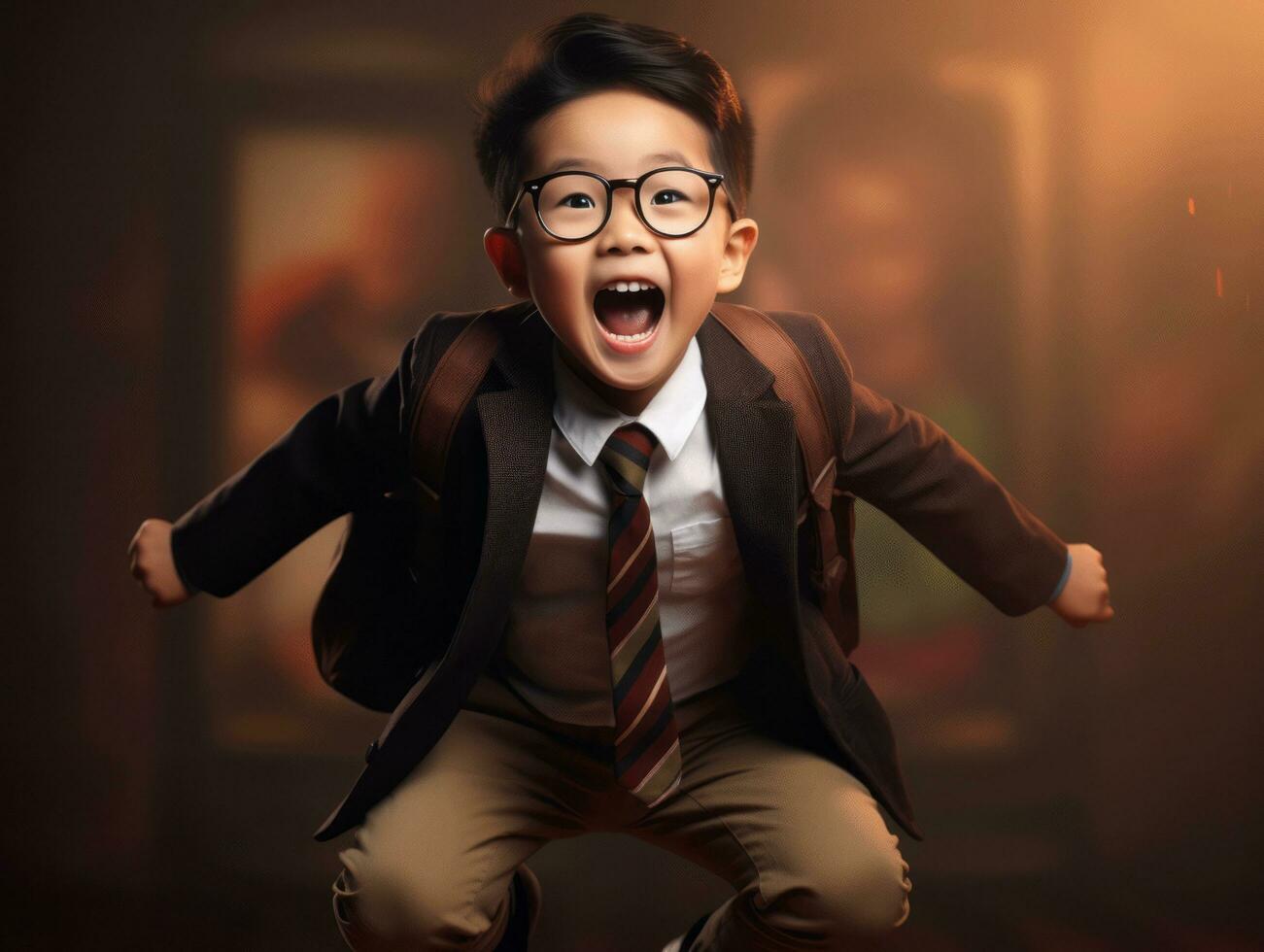 Asian kid in emotional dynamic pose in school AI Generative photo