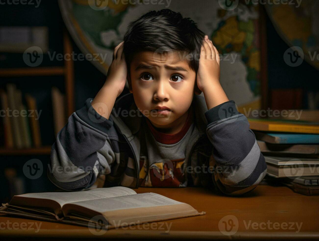 Asian kid in emotional dynamic pose in school AI Generative photo