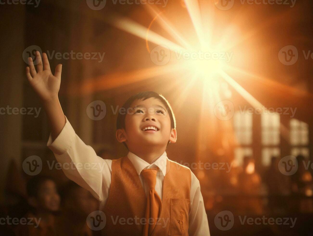 Asian kid in emotional dynamic pose in school AI Generative photo