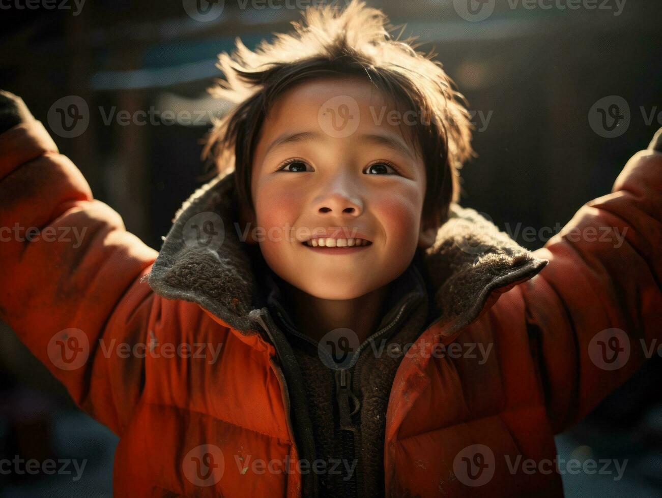 Asian kid in emotional dynamic pose in school AI Generative photo