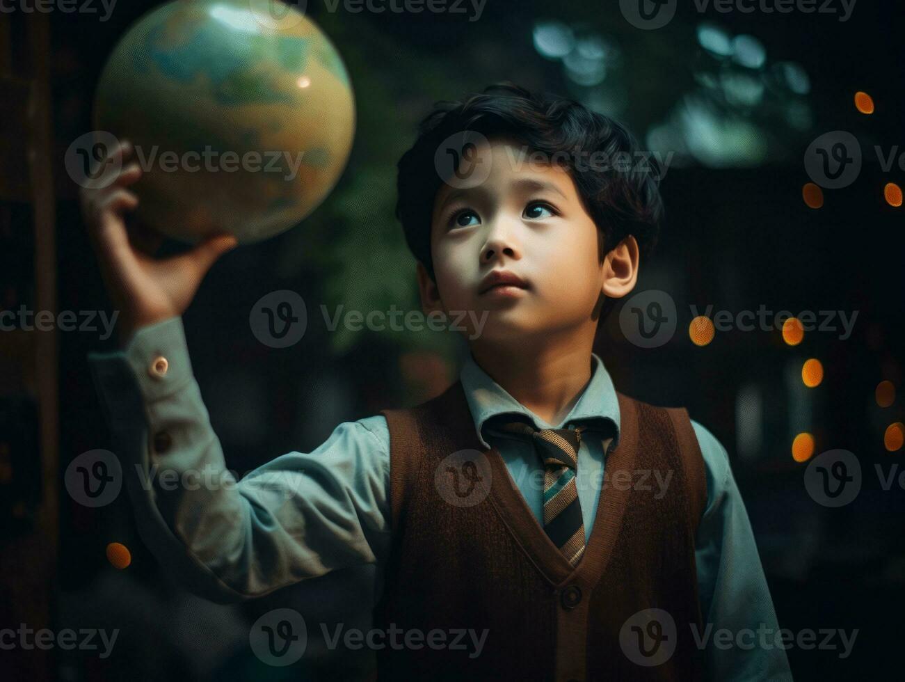 Asian kid in emotional dynamic pose in school AI Generative photo