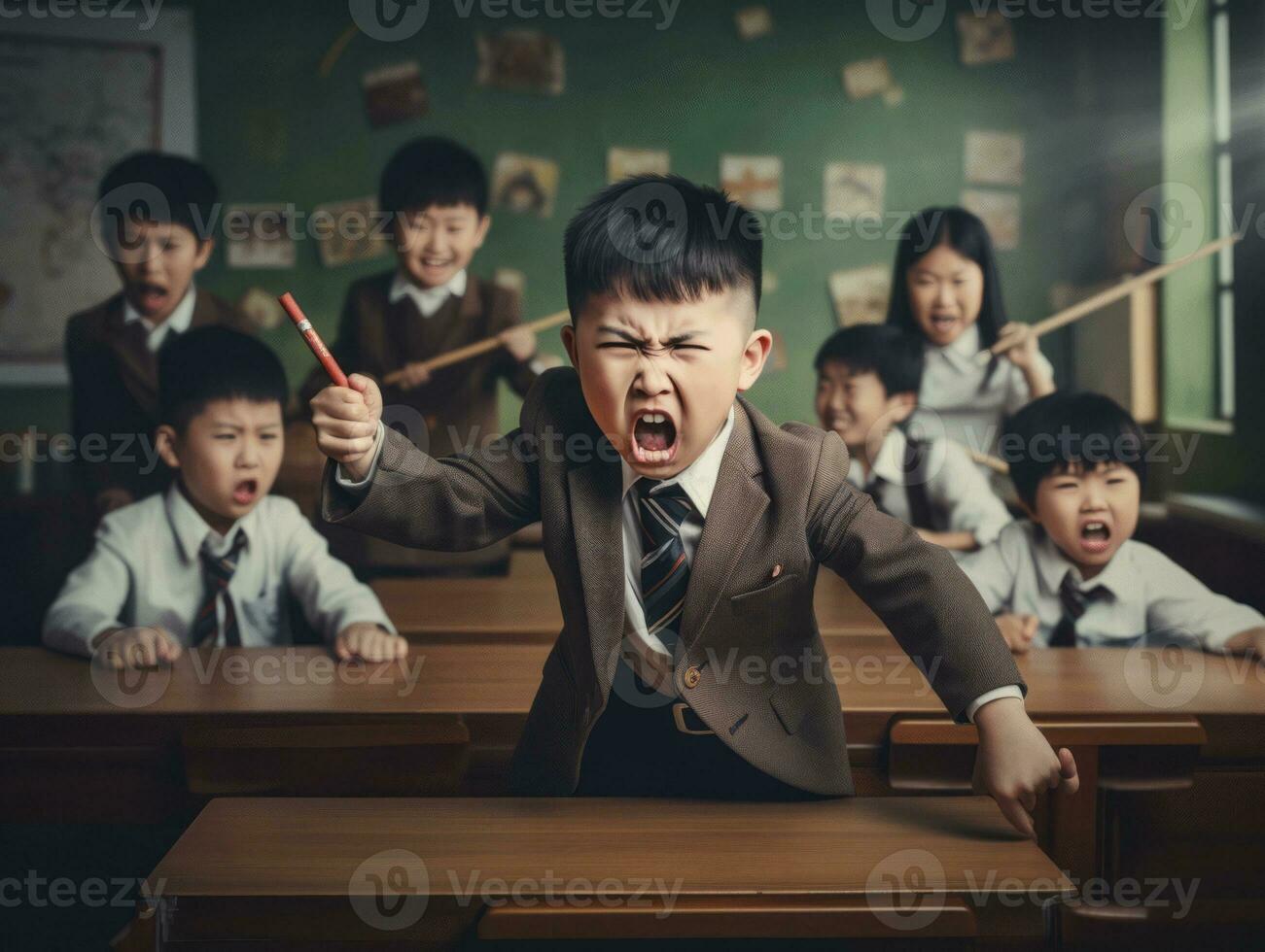 Asian kid in emotional dynamic pose in school AI Generative photo