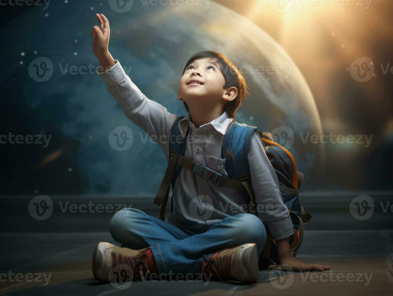 Asian kid in emotional dynamic pose in school AI Generative photo