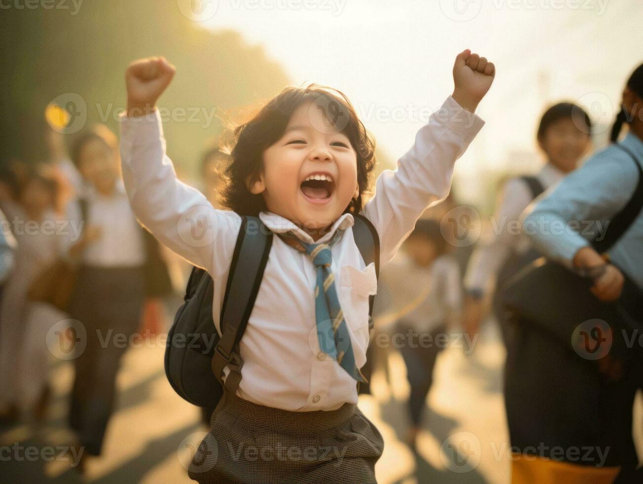 Asian kid in emotional dynamic pose in school AI Generative photo