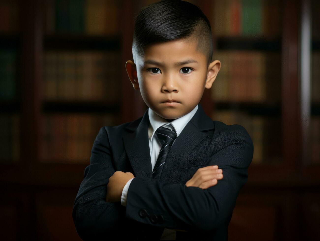 Asian kid in emotional dynamic pose in school AI Generative photo