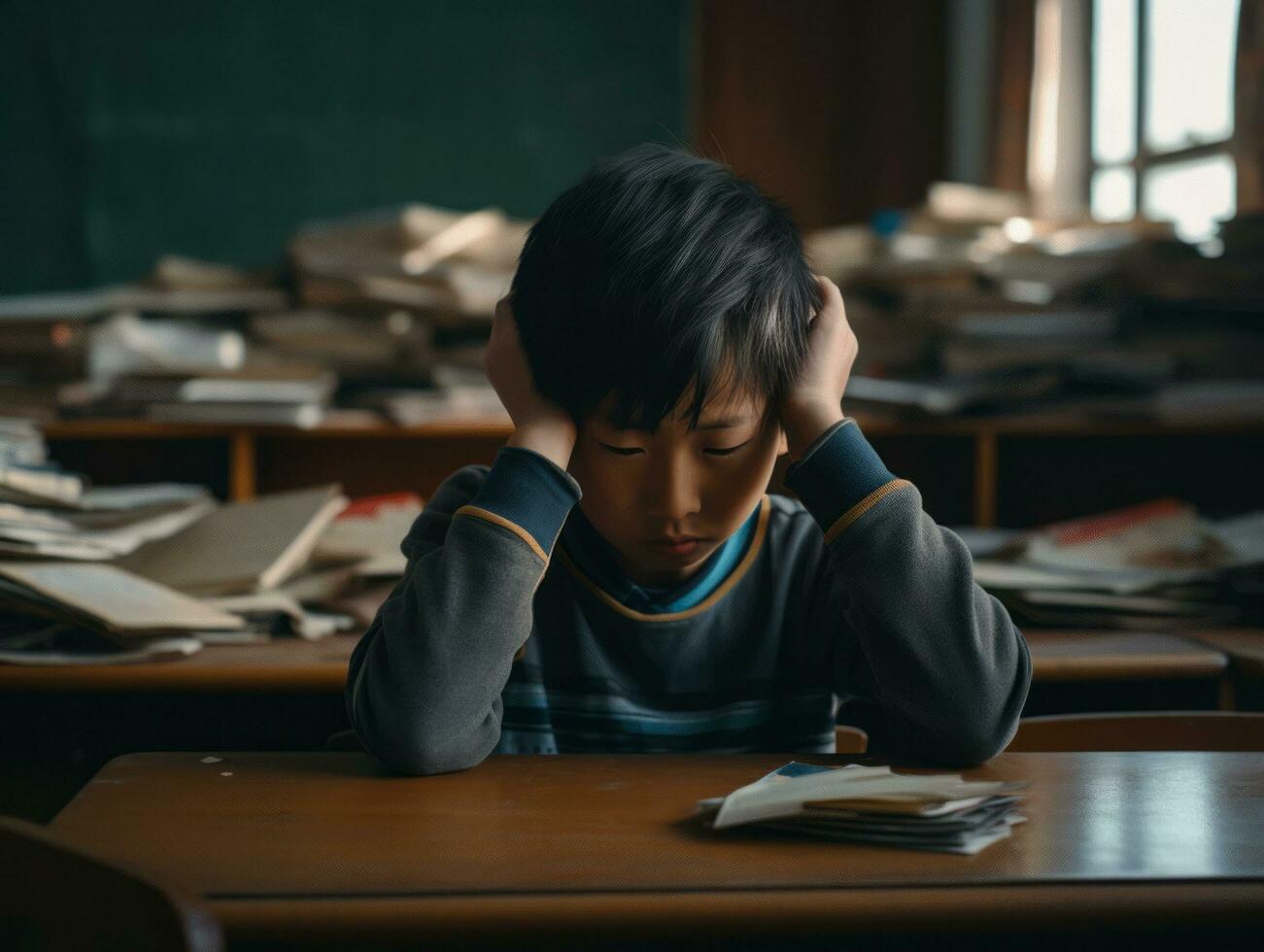 Asian kid in emotional dynamic pose in school AI Generative photo