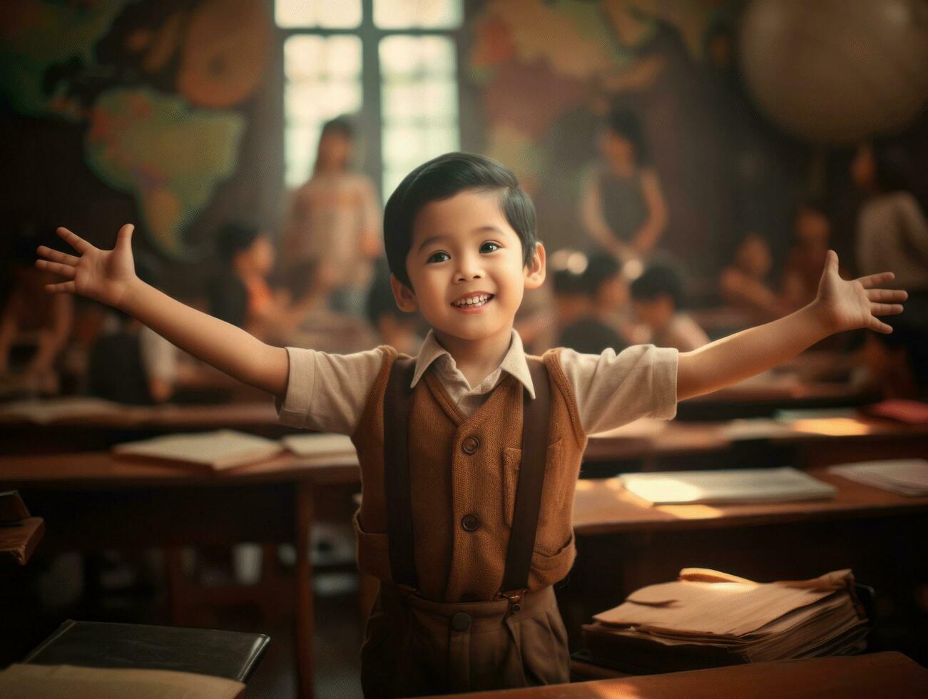 Asian kid in emotional dynamic pose in school AI Generative photo