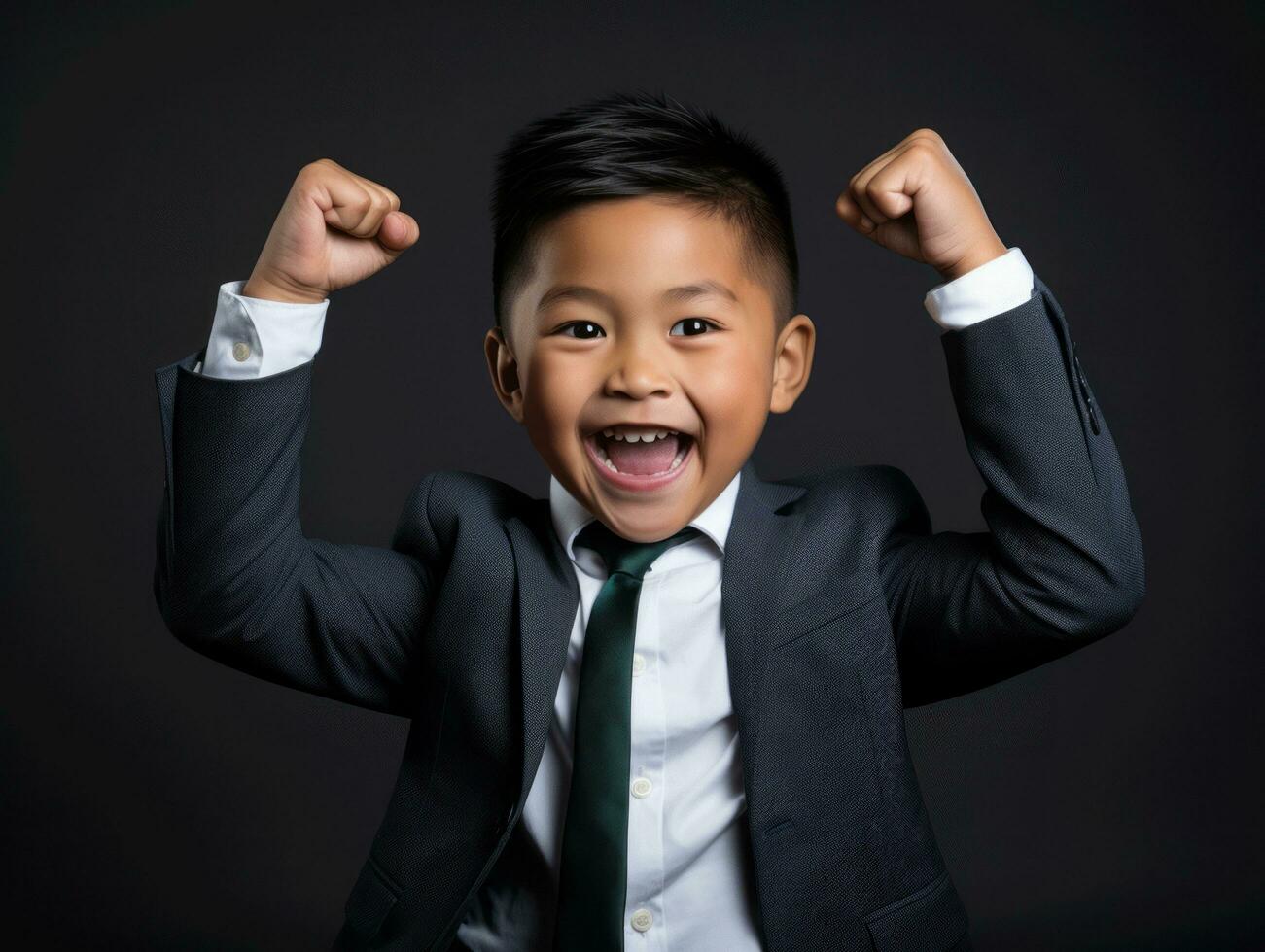 Asian kid in emotional dynamic pose in school AI Generative photo