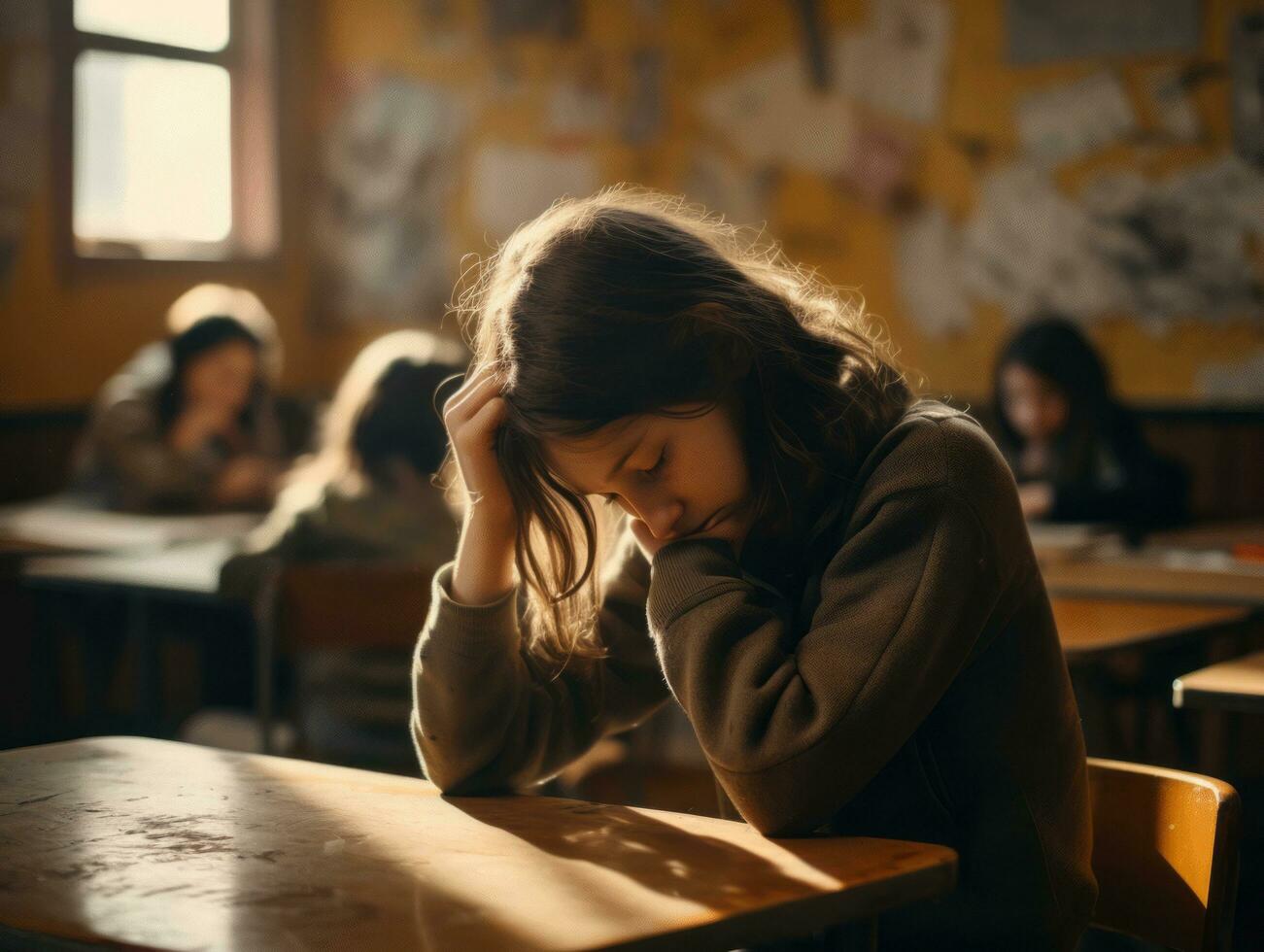 Asian kid in emotional dynamic pose in school AI Generative photo