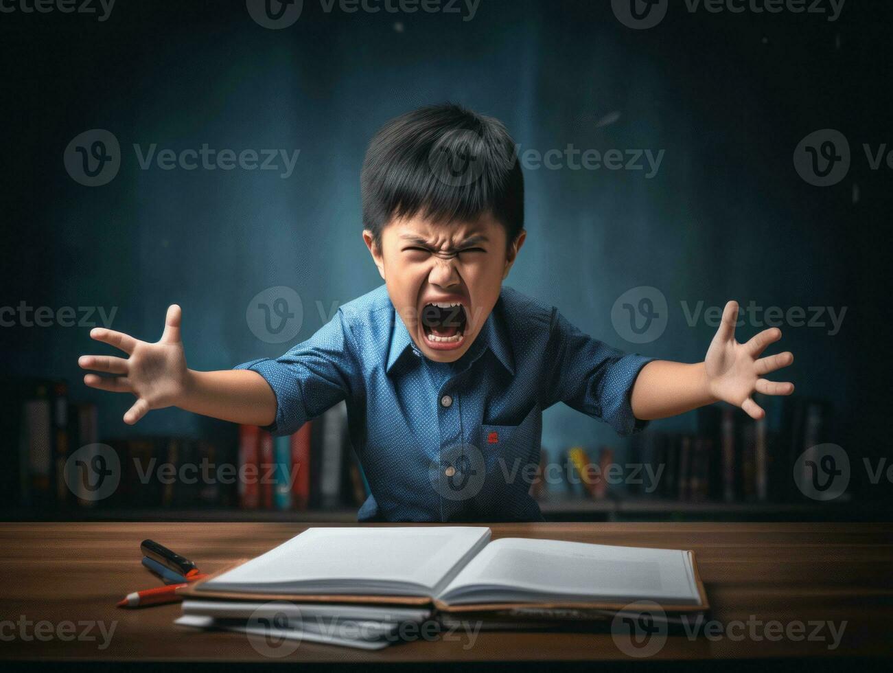 Asian kid in emotional dynamic pose in school AI Generative photo