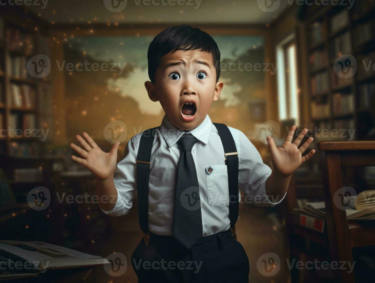 Asian kid in emotional dynamic pose in school AI Generative photo