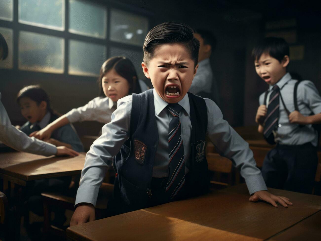 Asian kid in emotional dynamic pose in school AI Generative photo