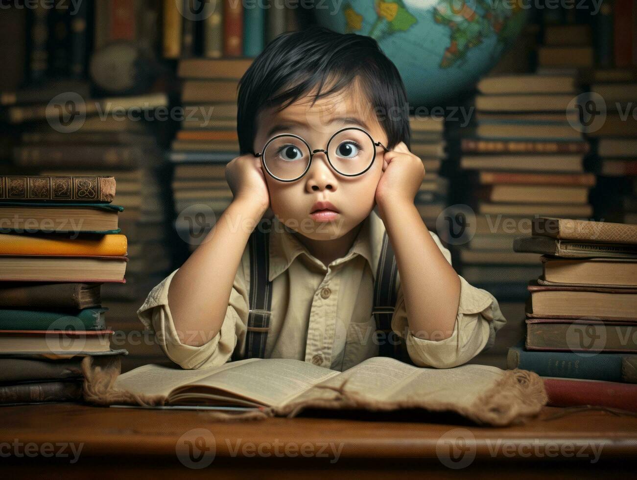 Asian kid in emotional dynamic pose in school AI Generative photo