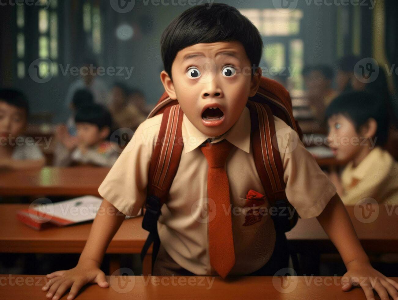 Asian kid in emotional dynamic pose in school AI Generative photo