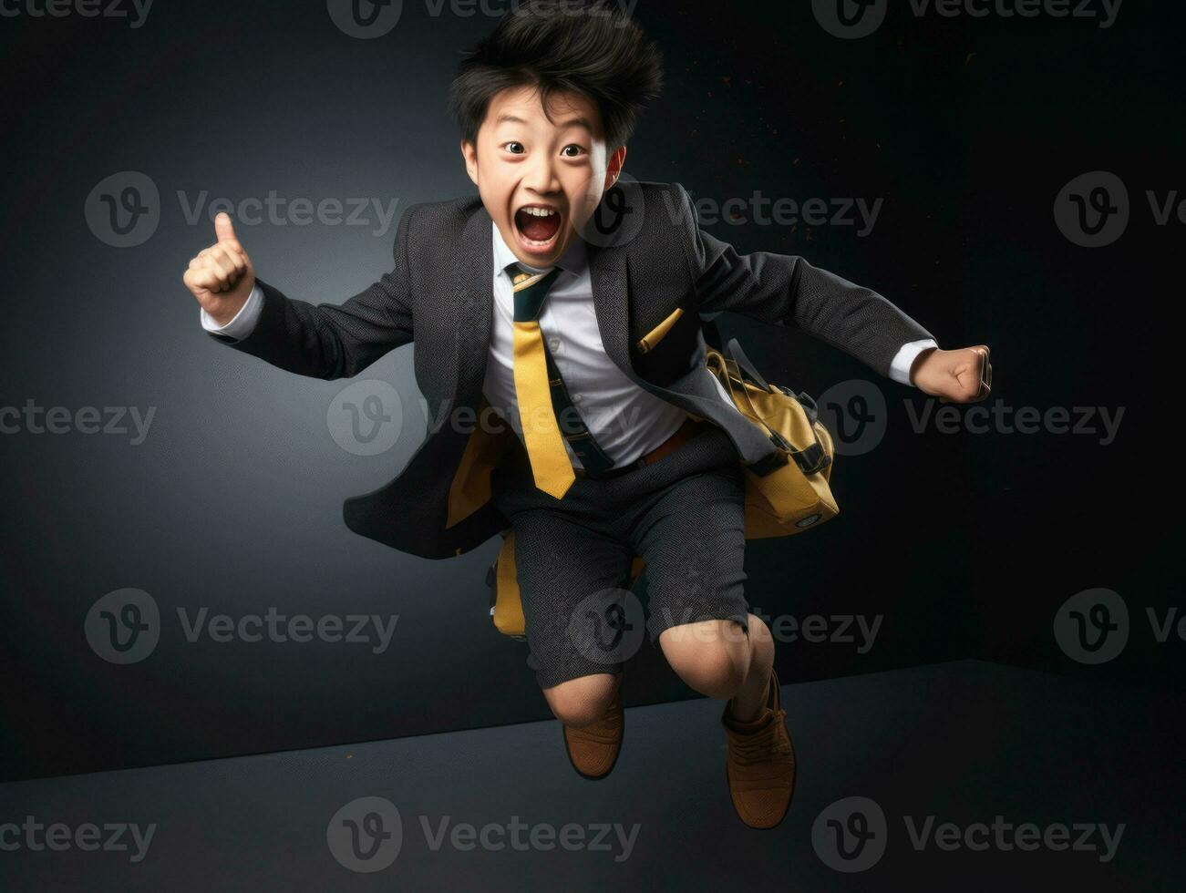 Asian kid in emotional dynamic pose in school AI Generative photo