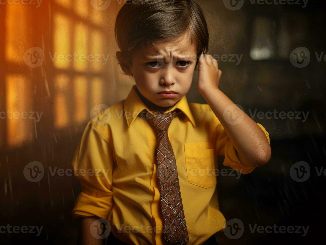 Asian kid in emotional dynamic pose in school AI Generative photo