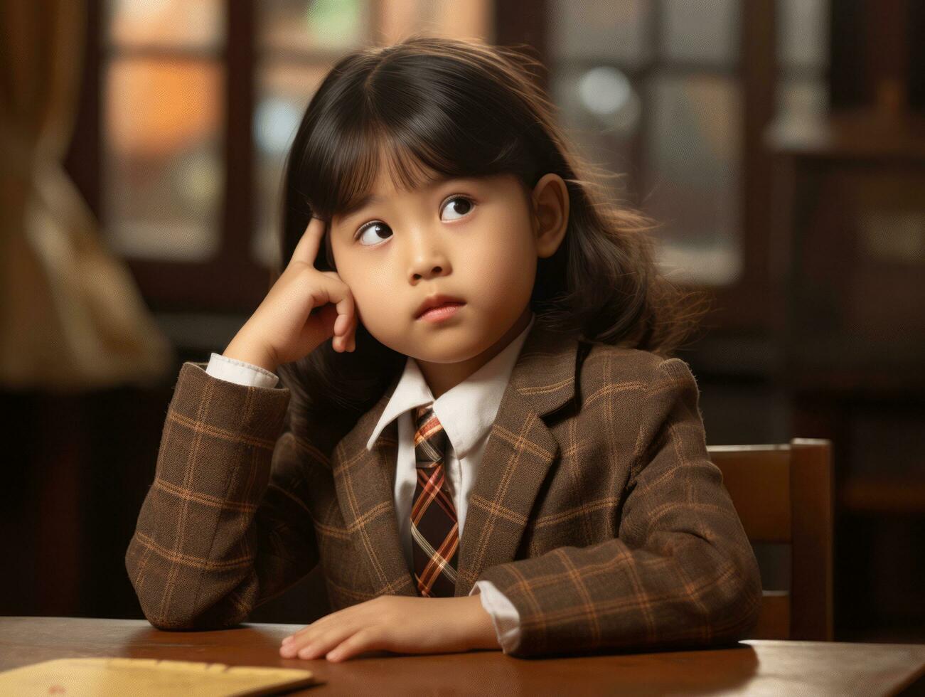 Asian kid in emotional dynamic pose in school AI Generative photo