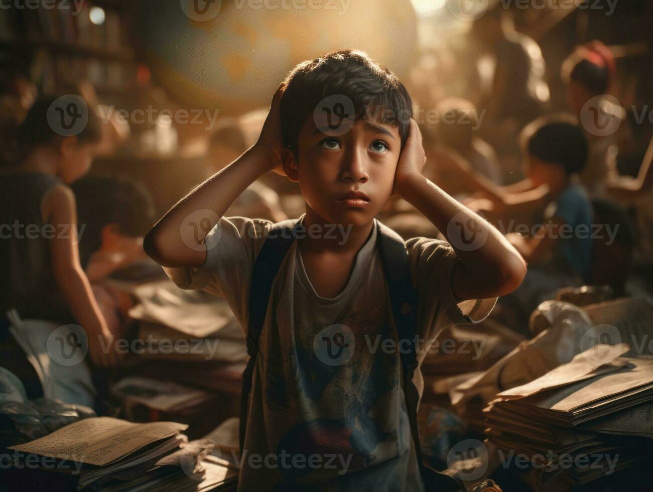 Asian kid in emotional dynamic pose in school AI Generative photo