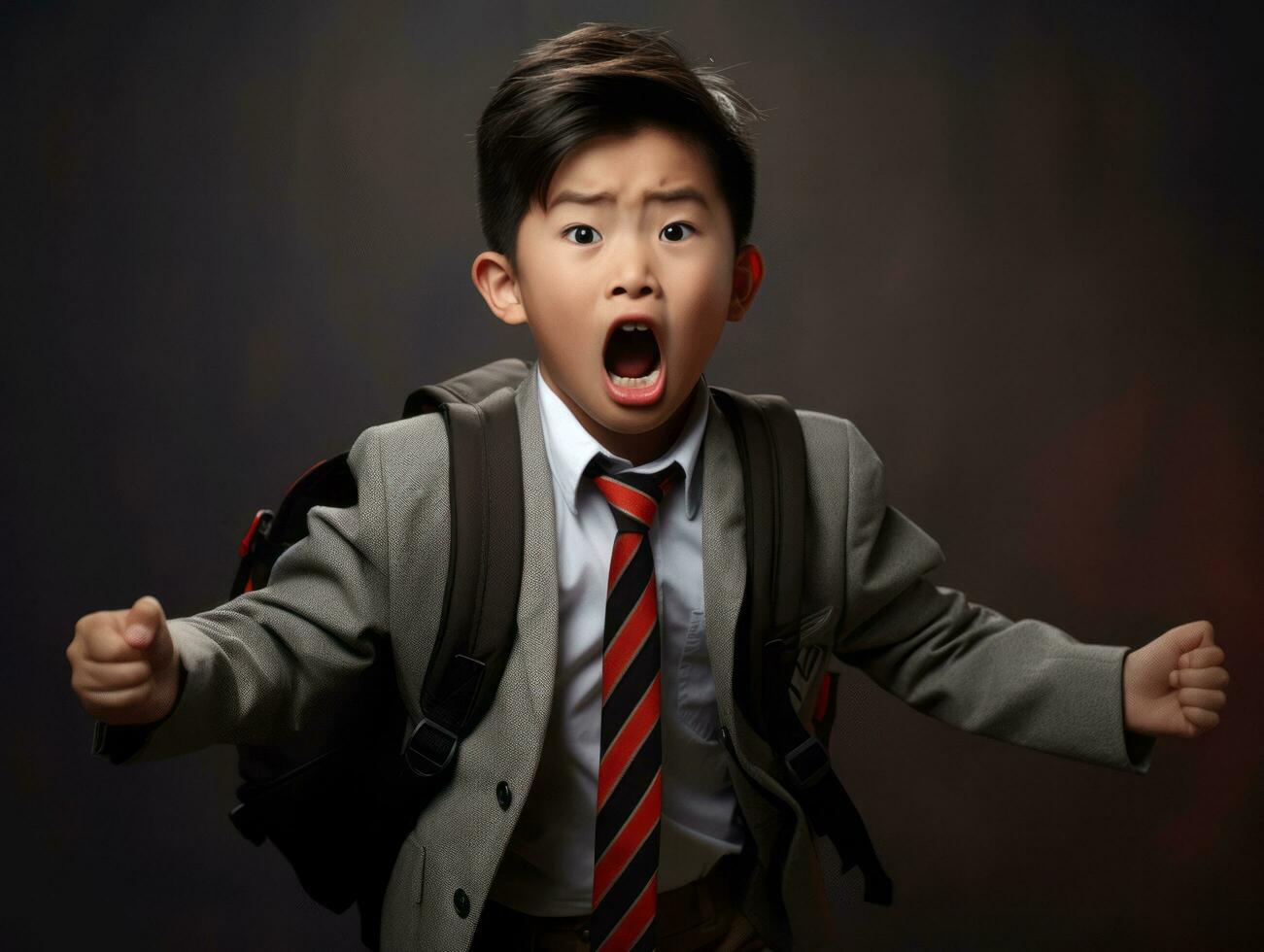 Asian kid in emotional dynamic pose in school AI Generative photo